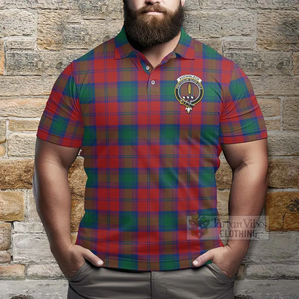 Auchinleck (Affleck) Tartan Polo Shirt with Family Crest and Bearded Skull Holding Bottles of Whiskey