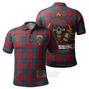 Auchinleck (Affleck) Tartan Polo Shirt with Family Crest and Bearded Skull Holding Bottles of Whiskey
