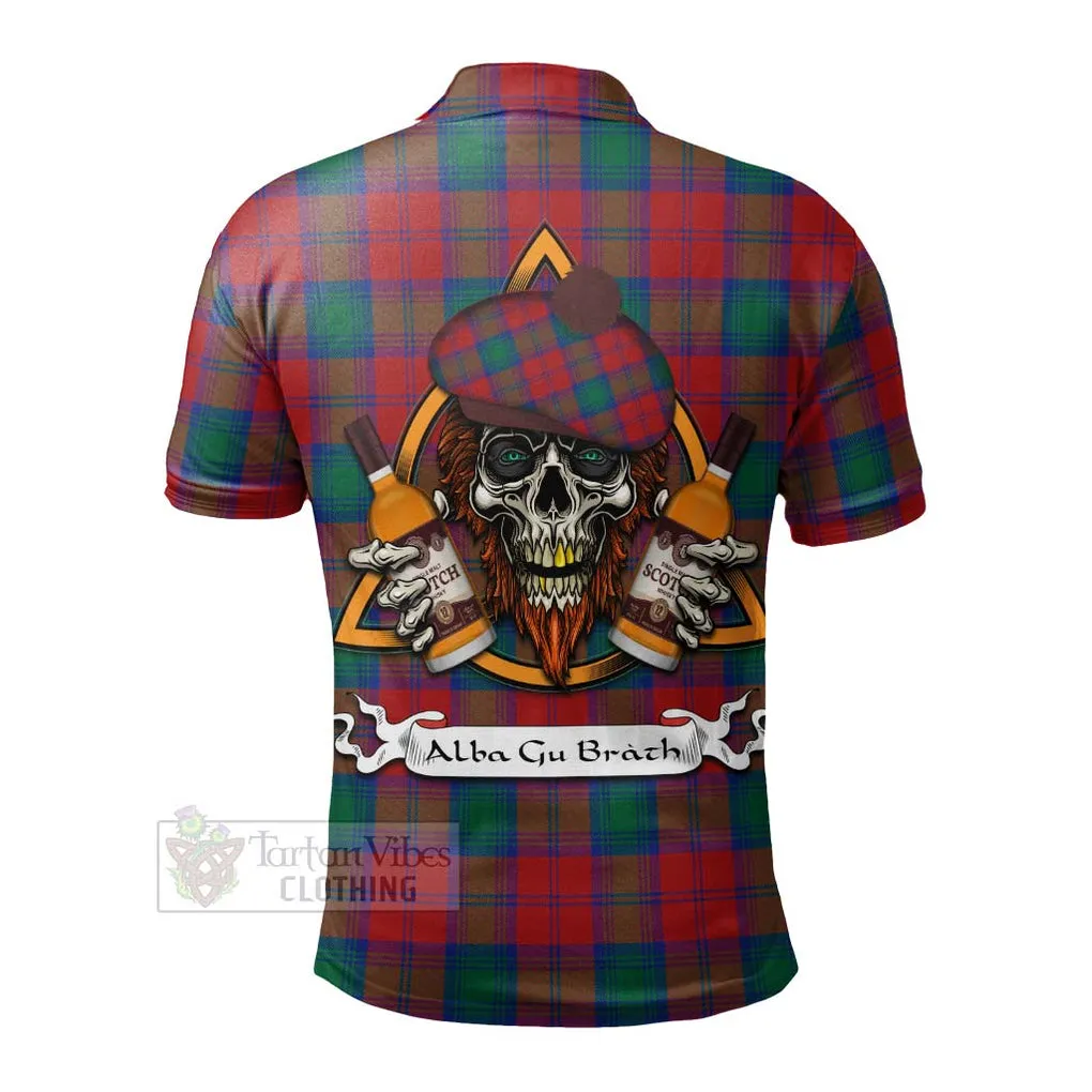 Auchinleck (Affleck) Tartan Polo Shirt with Family Crest and Bearded Skull Holding Bottles of Whiskey