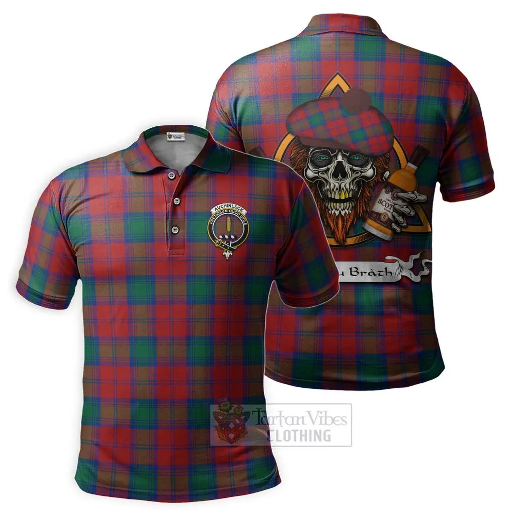 Auchinleck (Affleck) Tartan Polo Shirt with Family Crest and Bearded Skull Holding Bottles of Whiskey
