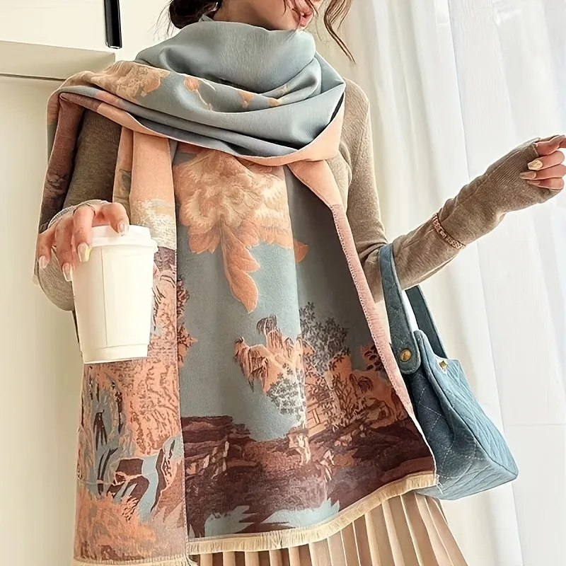 Autumn And Winter Retro Fashion Print Scarf Women's Versatile Thickened Warm Shawl Neck Protector Neckwear Outside Warm Dual-use