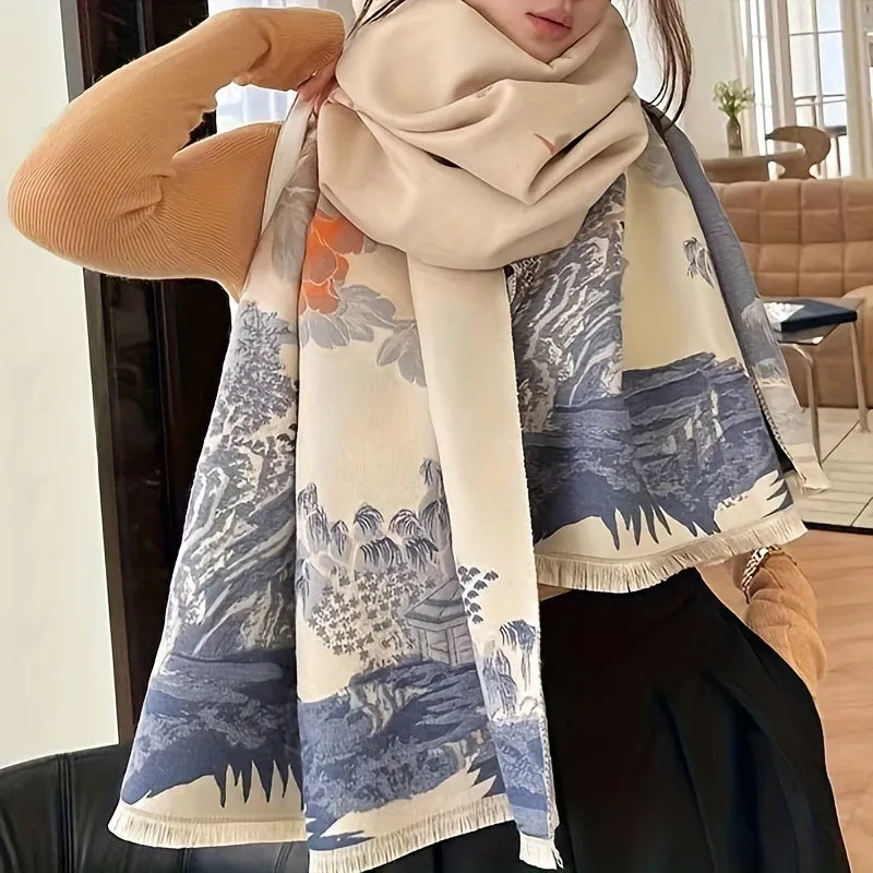 Autumn And Winter Retro Fashion Print Scarf Women's Versatile Thickened Warm Shawl Neck Protector Neckwear Outside Warm Dual-use