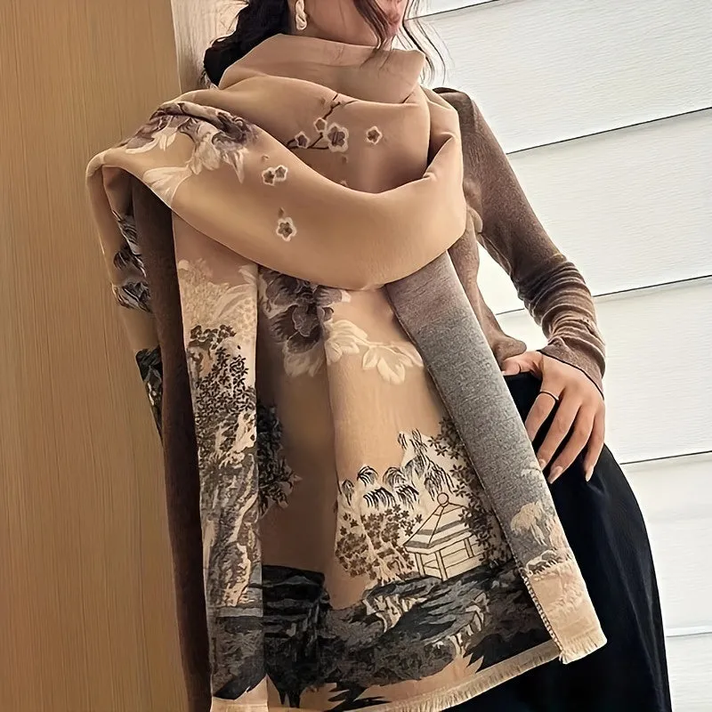 Autumn And Winter Retro Fashion Print Scarf Women's Versatile Thickened Warm Shawl Neck Protector Neckwear Outside Warm Dual-use