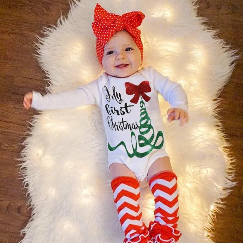 Baby Girl My First Christmas Long Sleeve Romper Jumpsuit, Bownot Head Band Outfits Clothes
