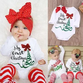 Baby Girl My First Christmas Long Sleeve Romper Jumpsuit, Bownot Head Band Outfits Clothes