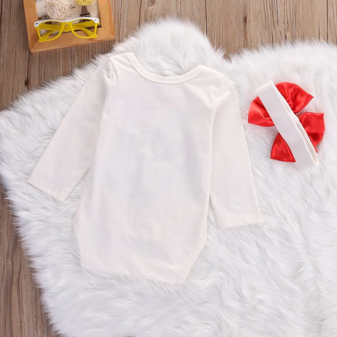 Baby Girl My First Christmas Long Sleeve Romper Jumpsuit, Bownot Head Band Outfits Clothes