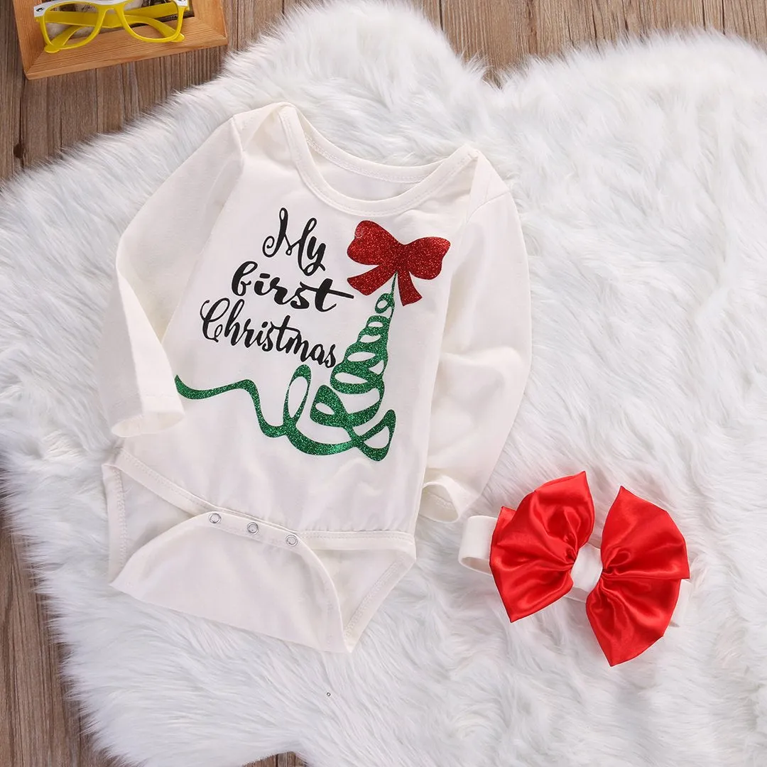 Baby Girl My First Christmas Long Sleeve Romper Jumpsuit, Bownot Head Band Outfits Clothes