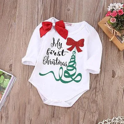 Baby Girl My First Christmas Long Sleeve Romper Jumpsuit, Bownot Head Band Outfits Clothes