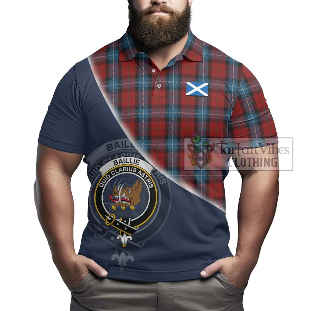 Baillie of Polkemmet Red Tartan Polo Shirt with Personalised National Flag and Family Crest Half Style