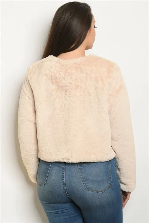 Beige Long Sleeve Plus Size Faux Fur Jacket