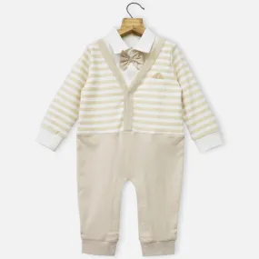 Beige Striped Printed Full Sleeves Romper