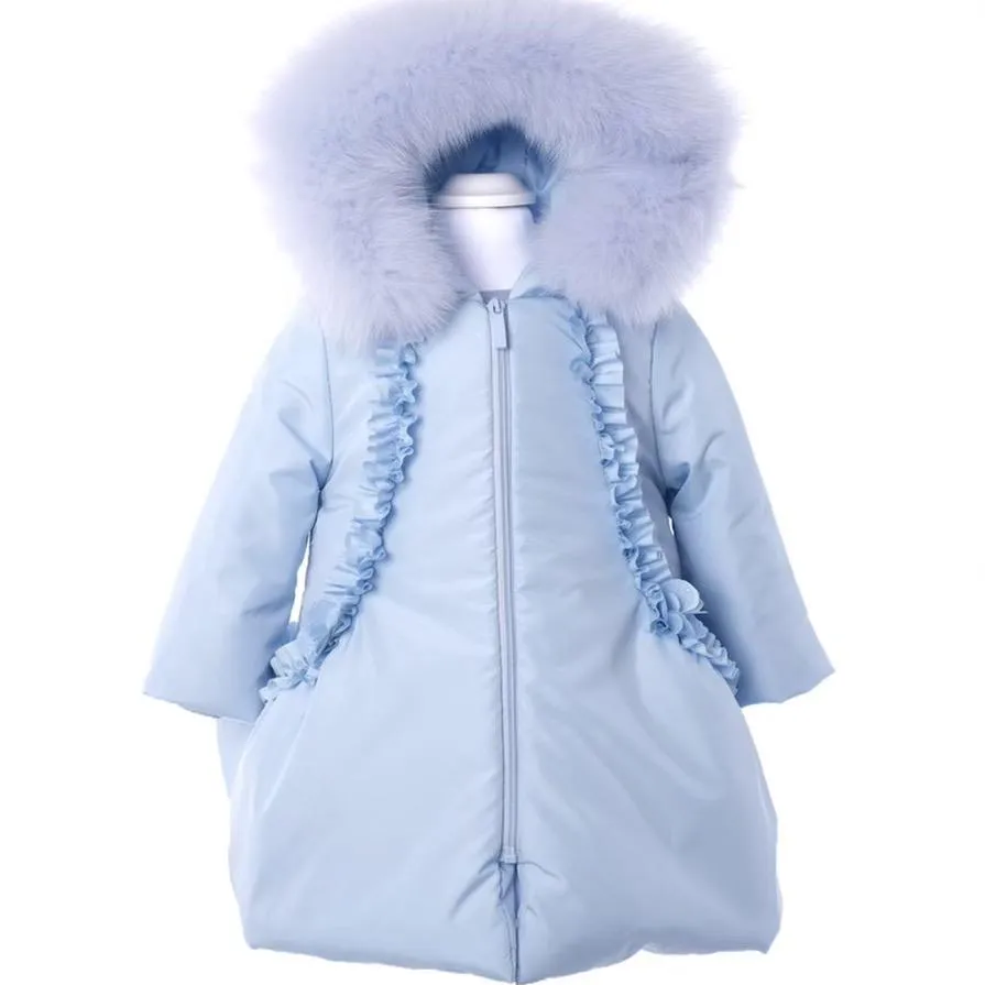 Bimbalo - Fur Trim Flower Detail Coat - Baby Blue