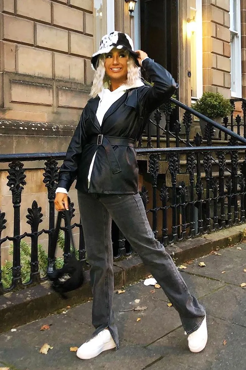 Black Faux Leather Belted Blazer Jacket - Lissa