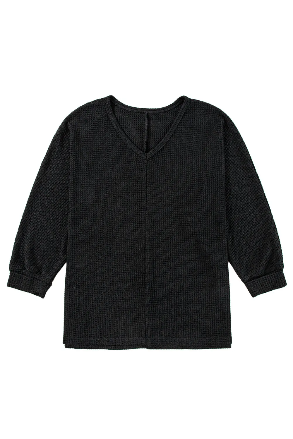 Black Waffle Knit Side Slits Loose Fit V Neck Top