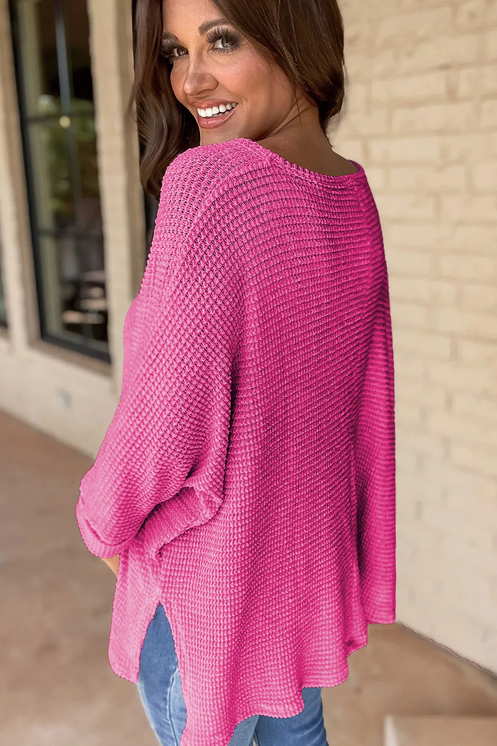 Black Waffle Knit Side Slits Loose Fit V Neck Top