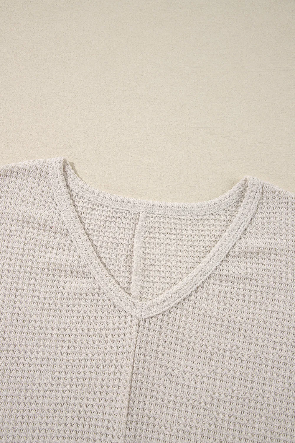 Black Waffle Knit Side Slits Loose Fit V Neck Top
