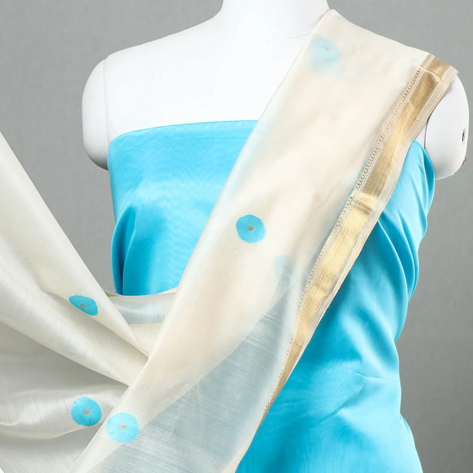 Blue - Original Maheshwari Silk Pure Handloom 2pc Suit Material Set