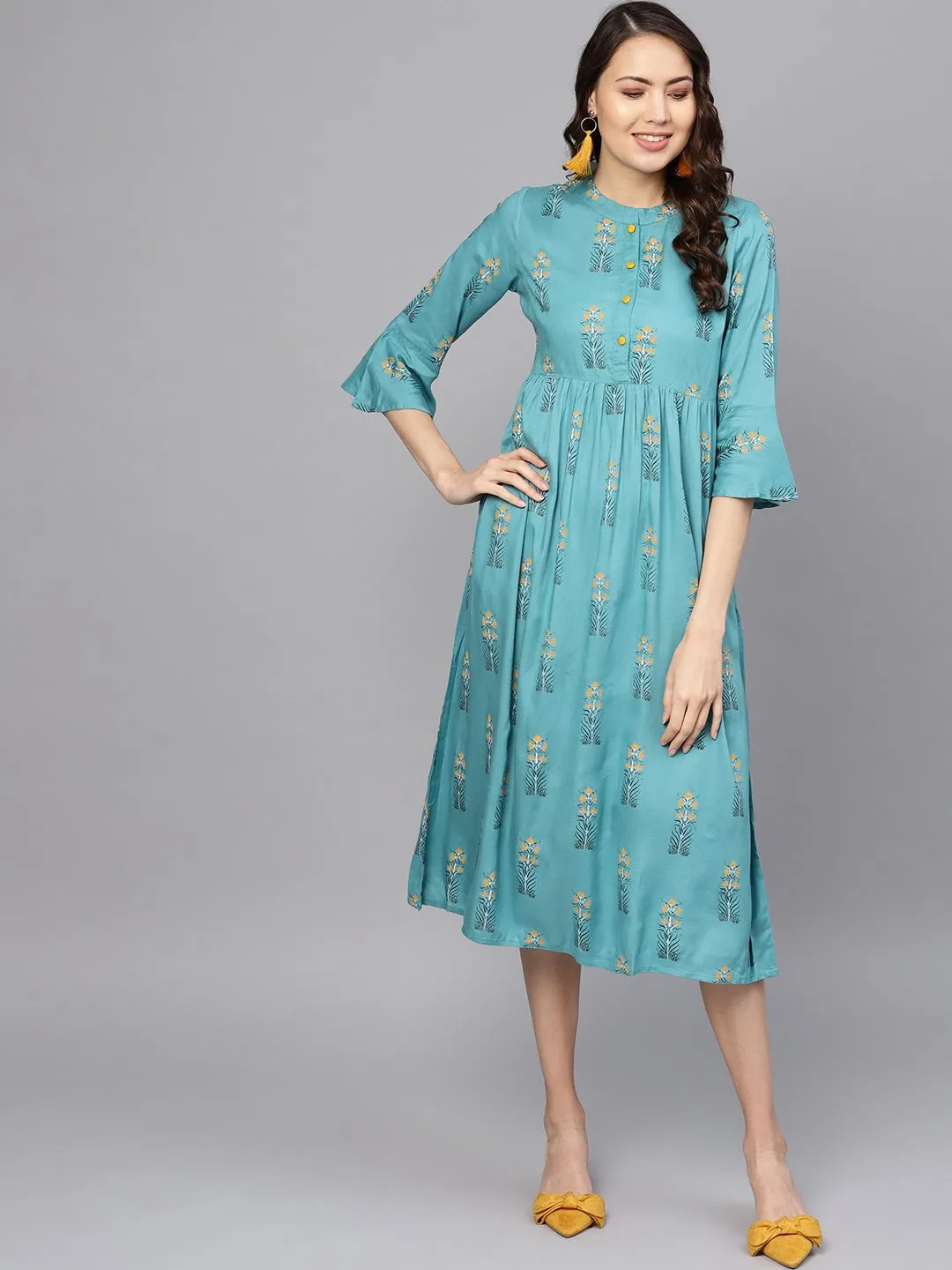 Blue Printed Maxi Dress With Mandarin Collar & Flared Sleeves