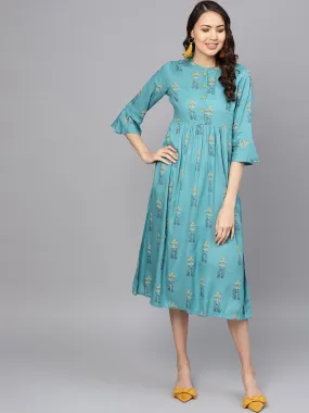 Blue Printed Maxi Dress With Mandarin Collar & Flared Sleeves