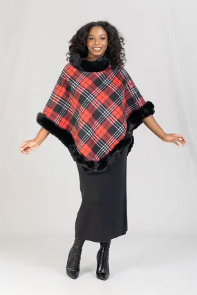 Boho Chic JY192 Lined Faux Fur Trim Plaid Poncho