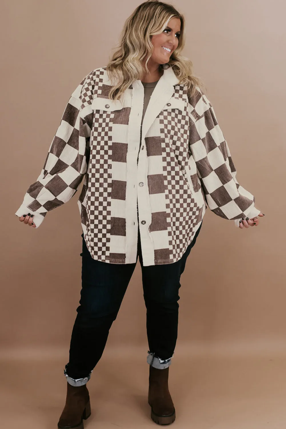 Brown Checkered Print Corduroy Plus Size Shacket