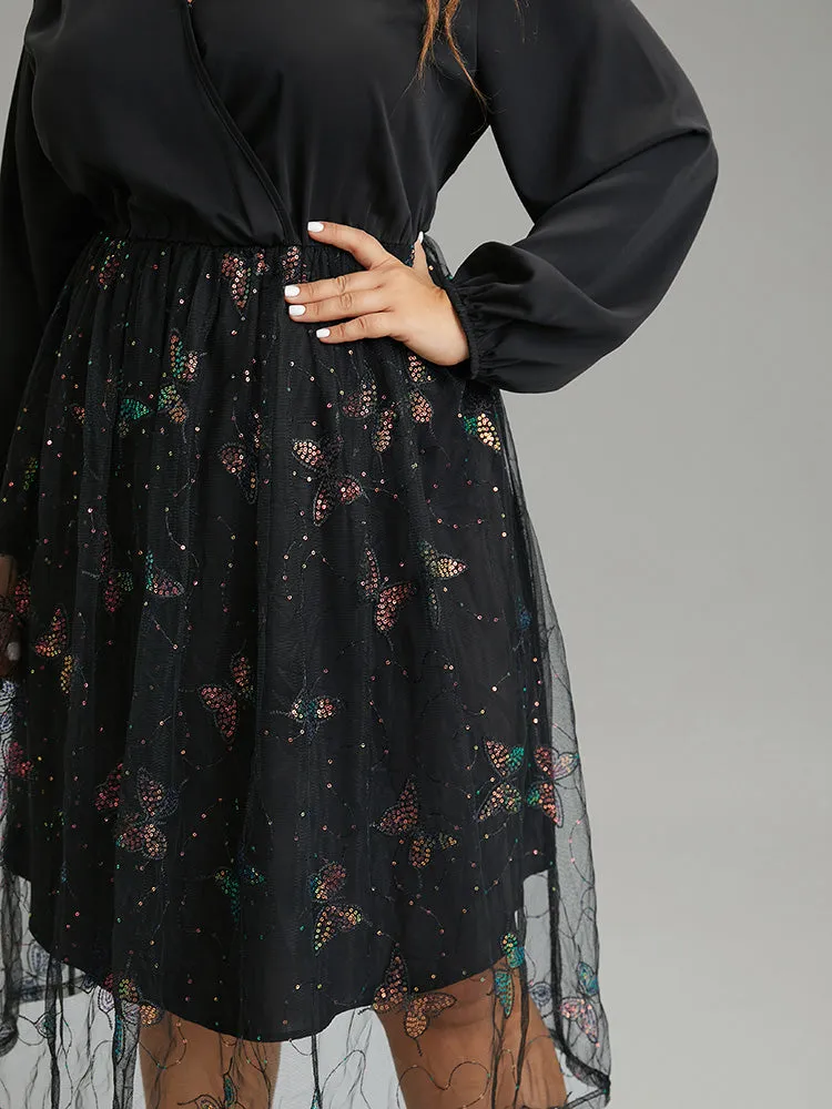 Butterfly Patchwork Lace Mesh Wrap Sequin Dress