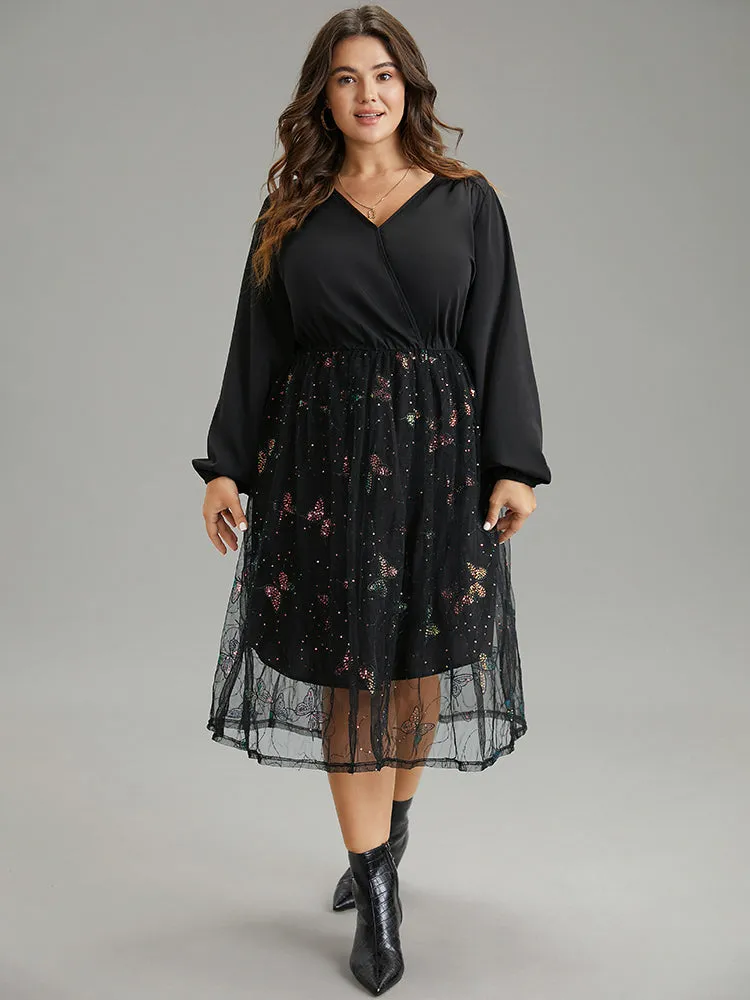 Butterfly Patchwork Lace Mesh Wrap Sequin Dress