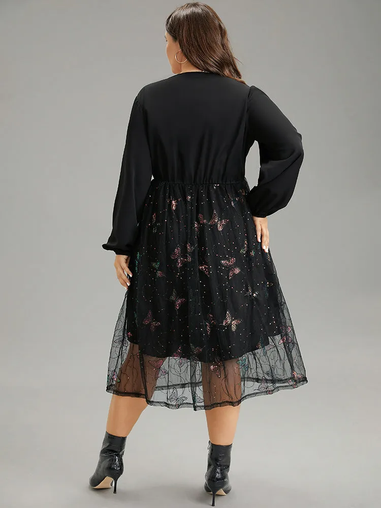 Butterfly Patchwork Lace Mesh Wrap Sequin Dress