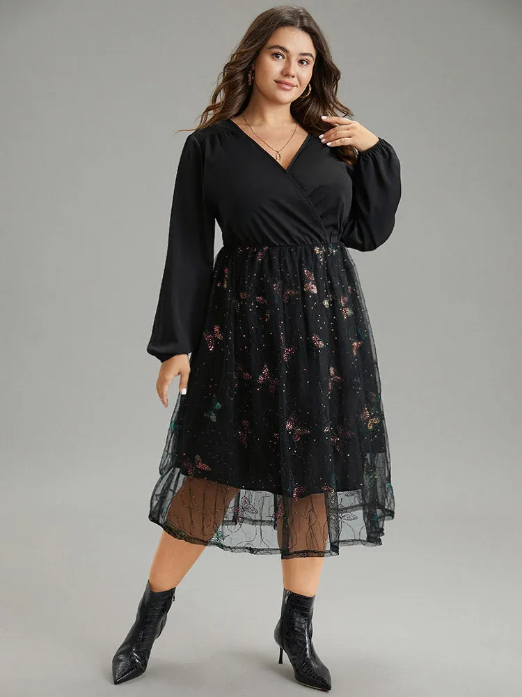 Butterfly Patchwork Lace Mesh Wrap Sequin Dress