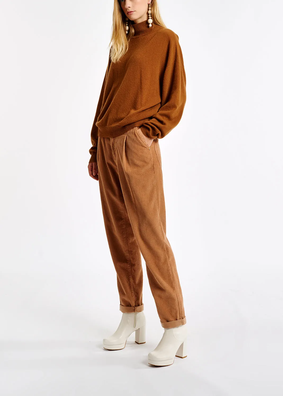Camel cotton-corduroy pants