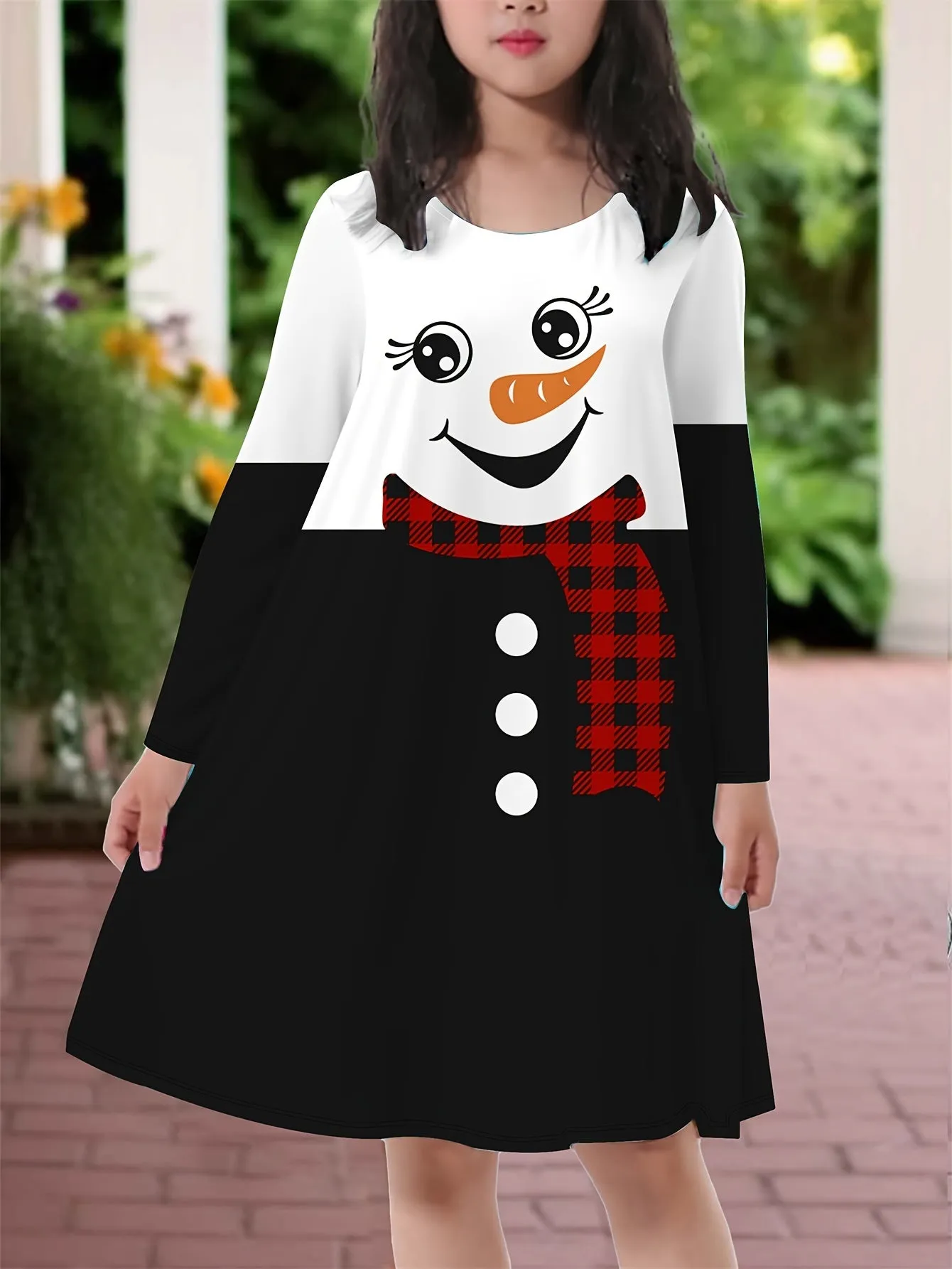 Children's Christmas Snowman Pattern Casual Knit Dress - Long Sleeve Polyester Winter Dress for Kids