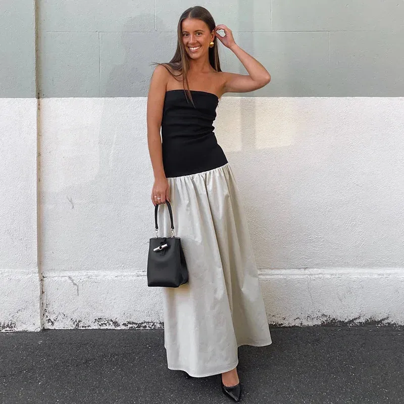 Clash Shoulder Color Summer Strapless Maxi Off Maxi Women Dress Dress