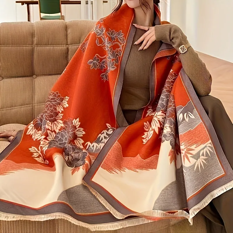 Classic Floral Print Polyester Scarf for Women - Dual-Use, Thick Warm Shawl Wrap for Weekend Casual, Inelastic, Decorative & Sun-Proof, Woven Craftsmanship