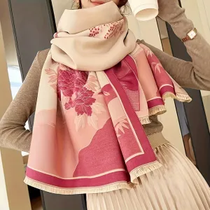 Classic Floral Print Polyester Scarf for Women - Dual-Use, Thick Warm Shawl Wrap for Weekend Casual, Inelastic, Decorative & Sun-Proof, Woven Craftsmanship