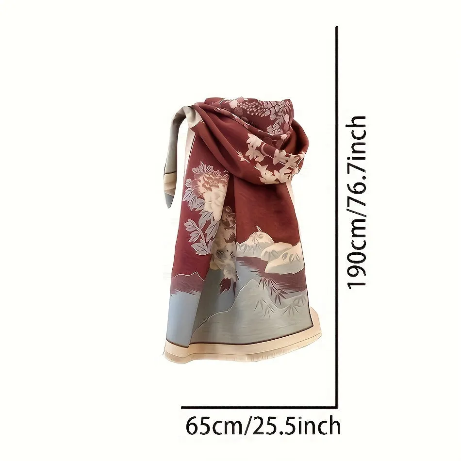 Classic Floral Print Polyester Scarf for Women - Dual-Use, Thick Warm Shawl Wrap for Weekend Casual, Inelastic, Decorative & Sun-Proof, Woven Craftsmanship