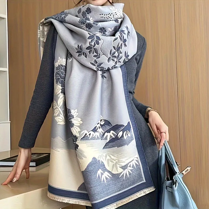 Classic Floral Print Polyester Scarf for Women - Dual-Use, Thick Warm Shawl Wrap for Weekend Casual, Inelastic, Decorative & Sun-Proof, Woven Craftsmanship