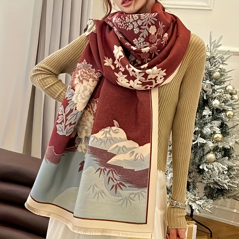 Classic Floral Print Polyester Scarf for Women - Dual-Use, Thick Warm Shawl Wrap for Weekend Casual, Inelastic, Decorative & Sun-Proof, Woven Craftsmanship