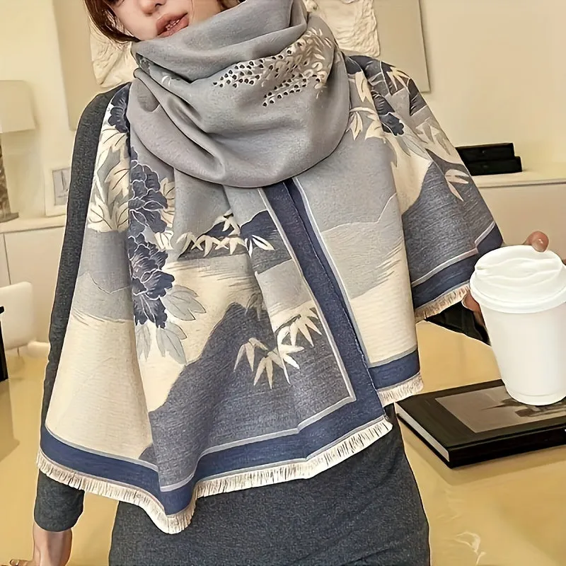 Classic Floral Print Polyester Scarf for Women - Dual-Use, Thick Warm Shawl Wrap for Weekend Casual, Inelastic, Decorative & Sun-Proof, Woven Craftsmanship