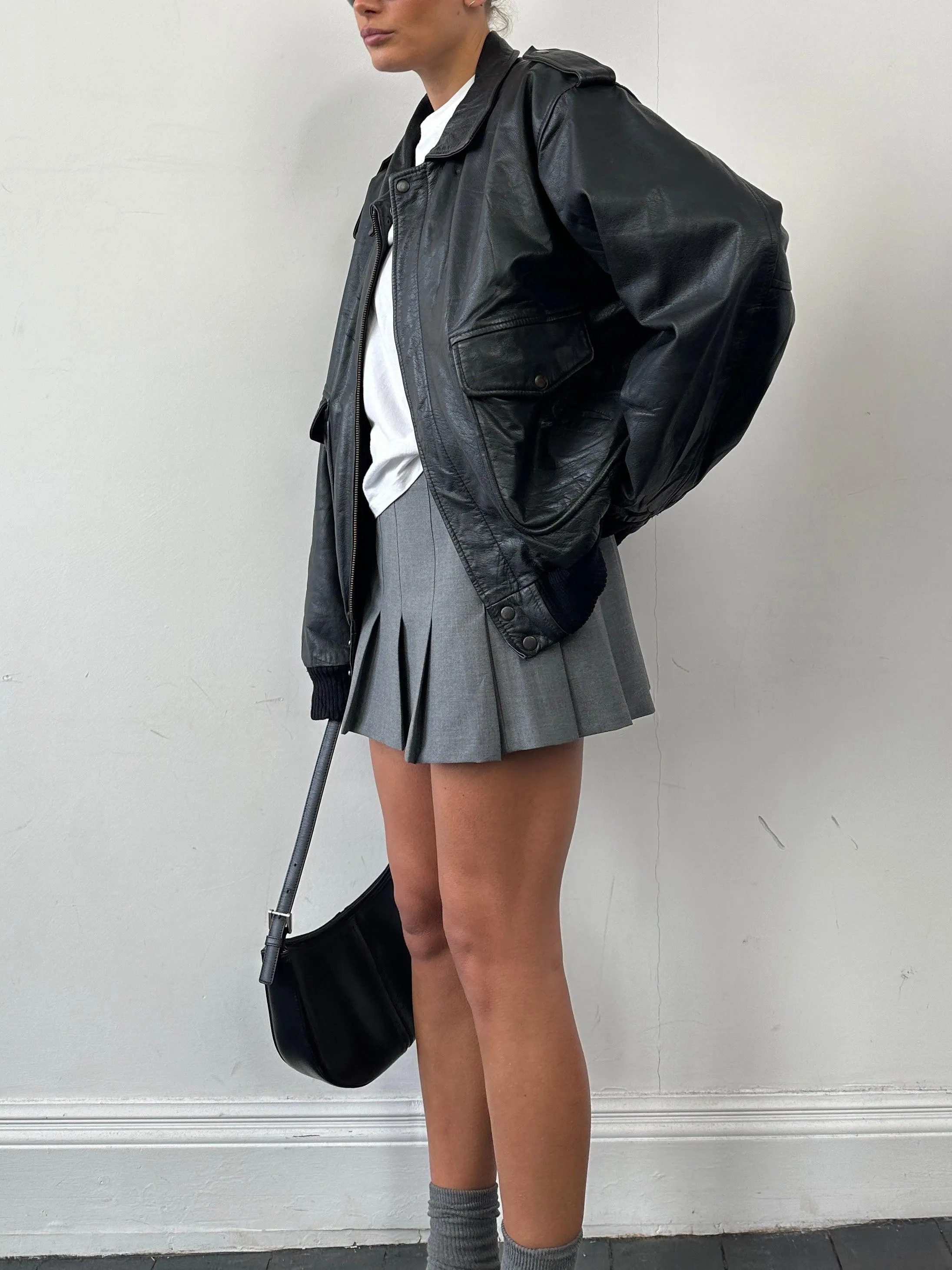Conbipel Removable Fleece Lined Aviator Leather Bomber Jacket - L/XL