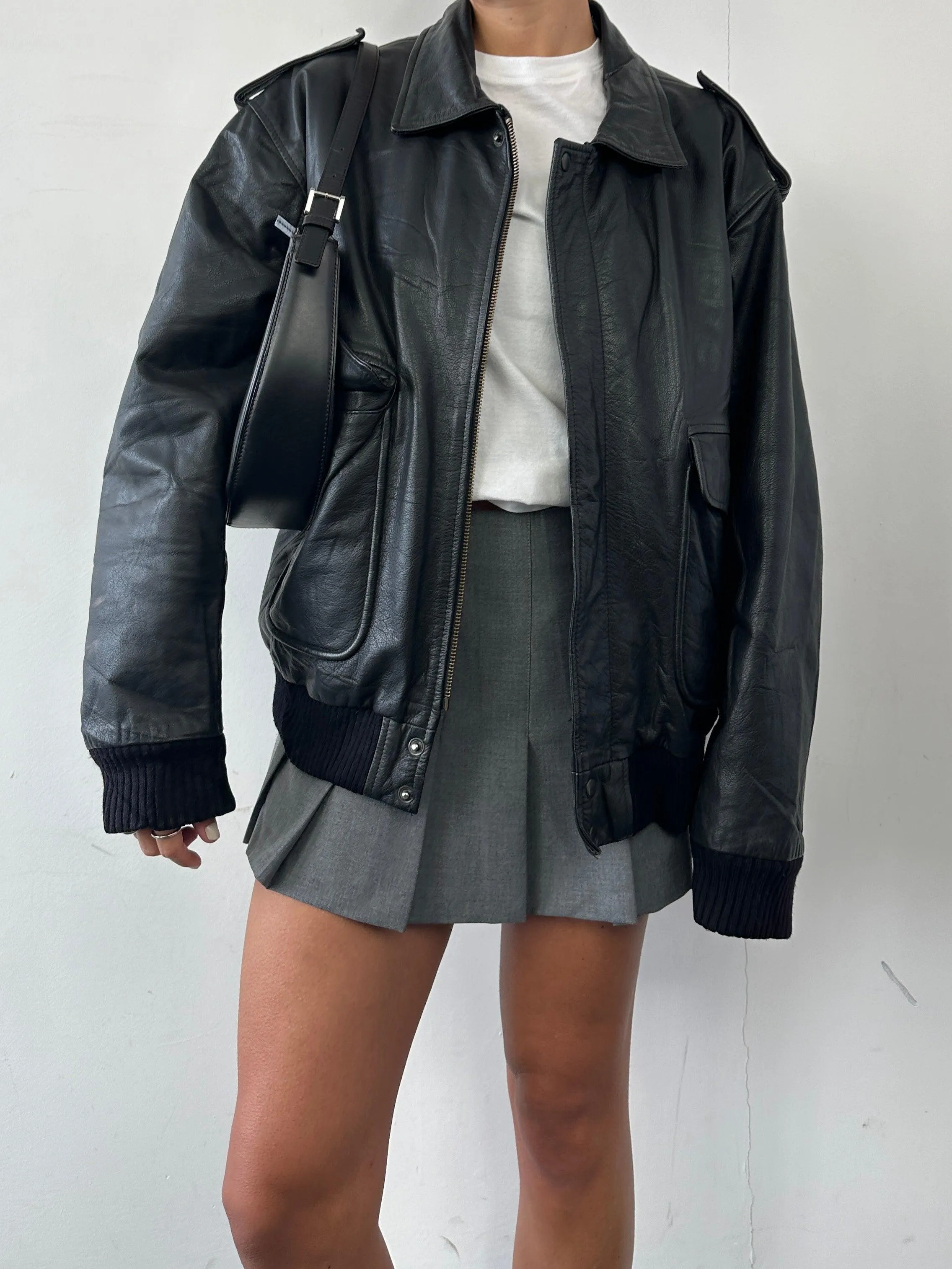 Conbipel Removable Fleece Lined Aviator Leather Bomber Jacket - L/XL