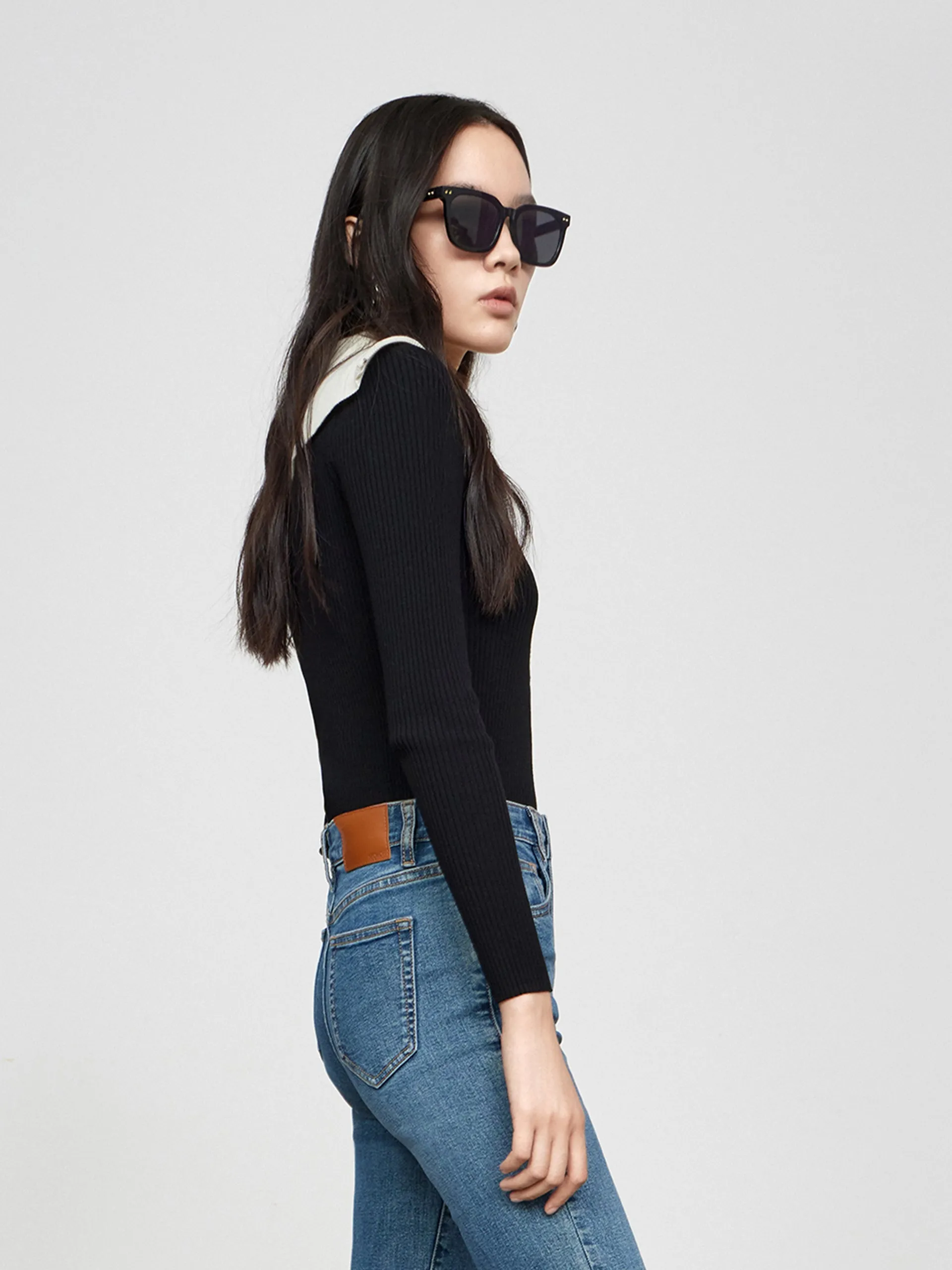 Contrast Lapel Collar Knit Top