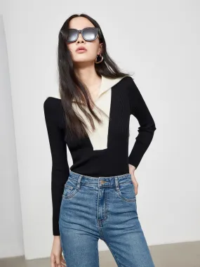 Contrast Lapel Collar Knit Top