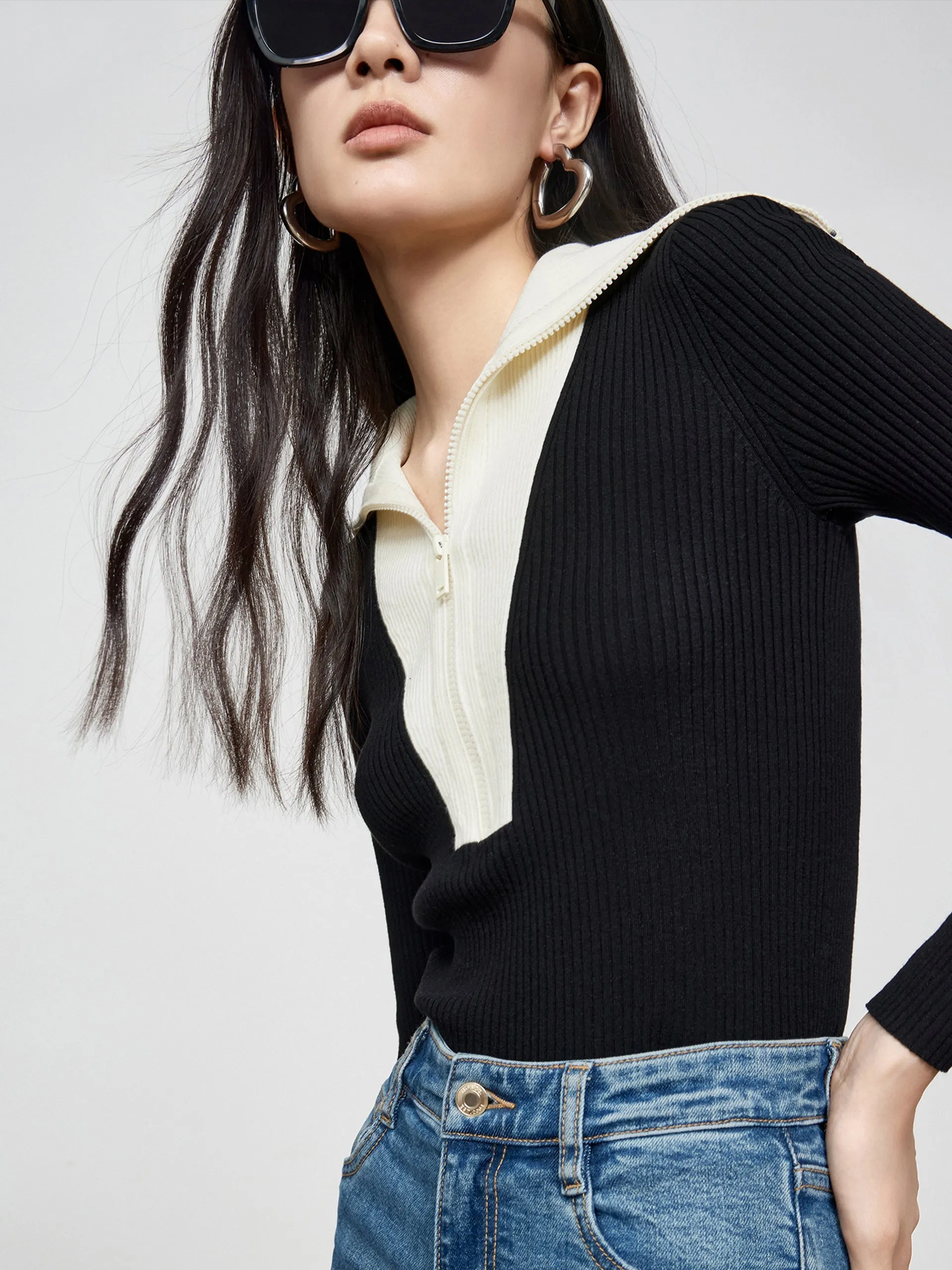 Contrast Lapel Collar Knit Top