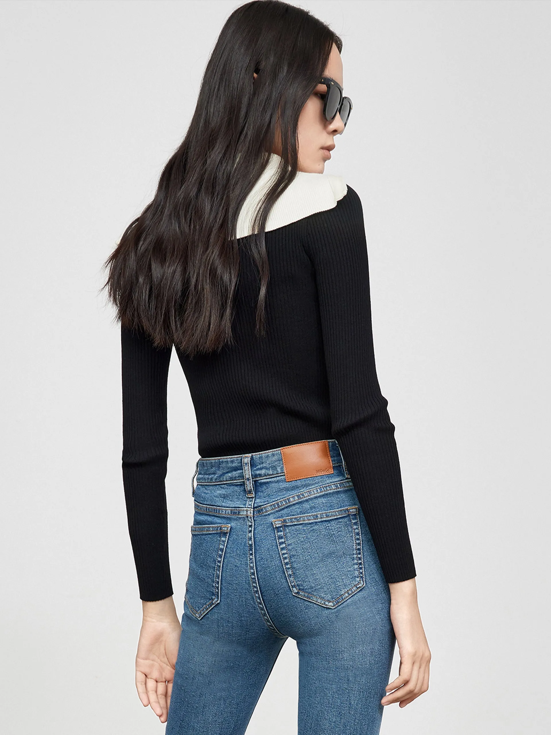 Contrast Lapel Collar Knit Top
