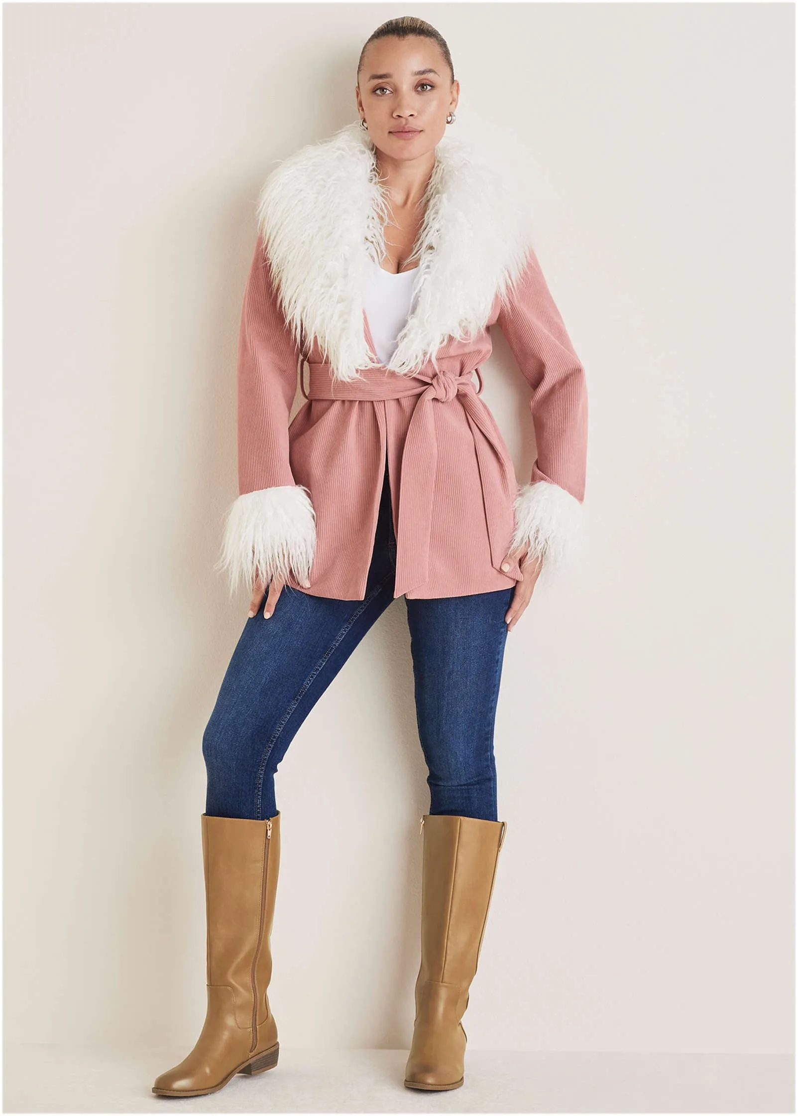 Corduroy Fur Trim Coat - Pink
