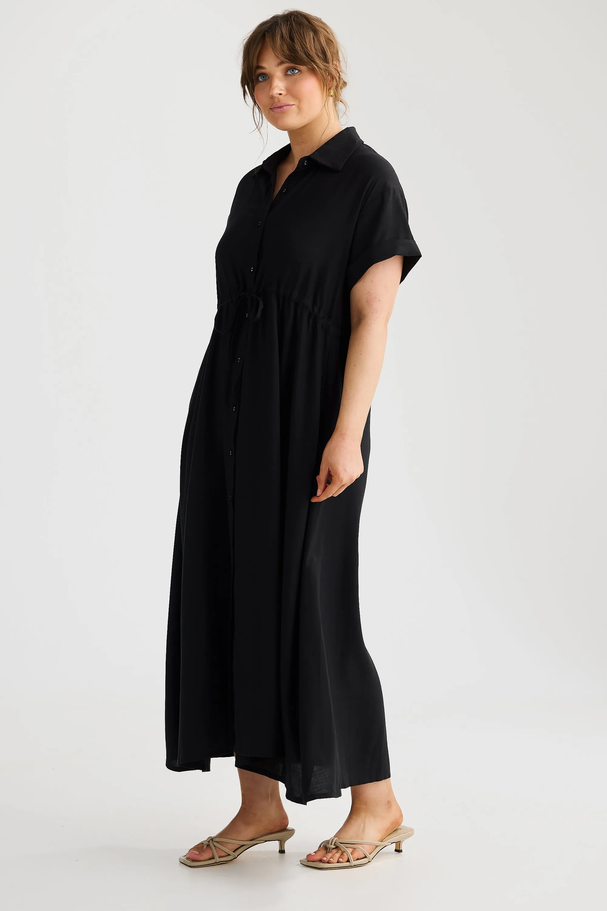 Core Drawstring Shirt Dress - Black