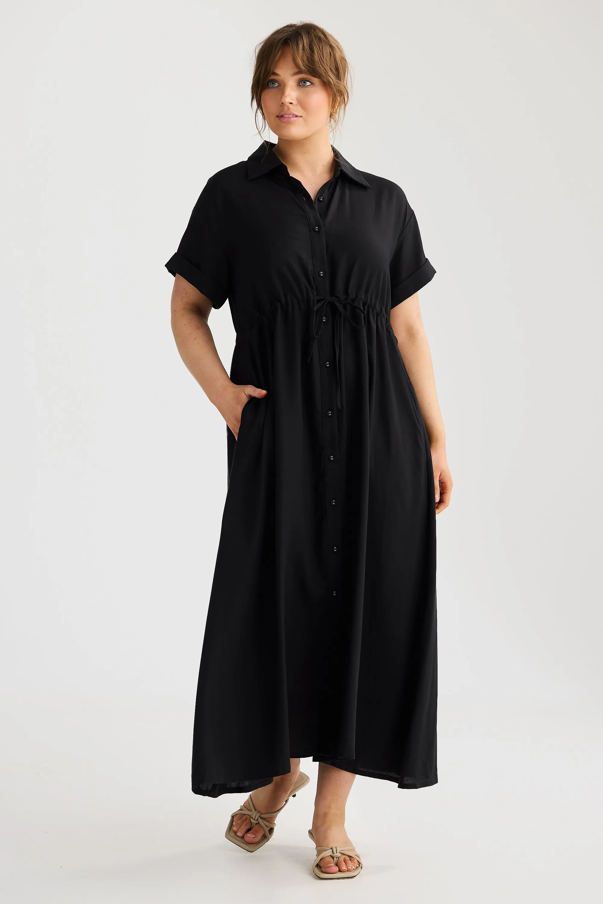 Core Drawstring Shirt Dress - Black