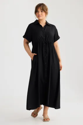 Core Drawstring Shirt Dress - Black