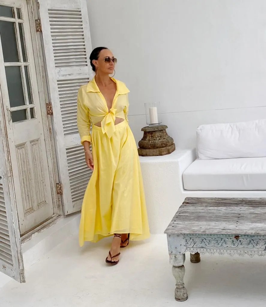 Cotton Tie Shirt Maxi Dress - Lemon S
