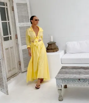 Cotton Tie Shirt Maxi Dress - Lemon S